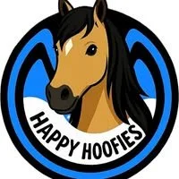Logo with a horse's head and the text 'Happy Hoofies'.