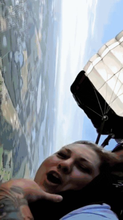 GIF collage of Ansley Warner skydiving, participating in a Tough Mudder competition, with her wife, her dogs and cats, and nieces and nephews.