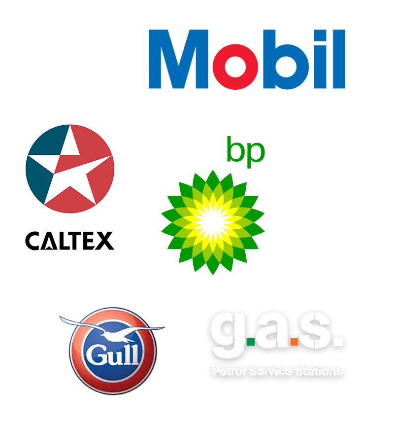 A collage of logos from various companies, including Walmart, Texaco, BP, Gulf, and G.A.S. Petrol Service Stations.