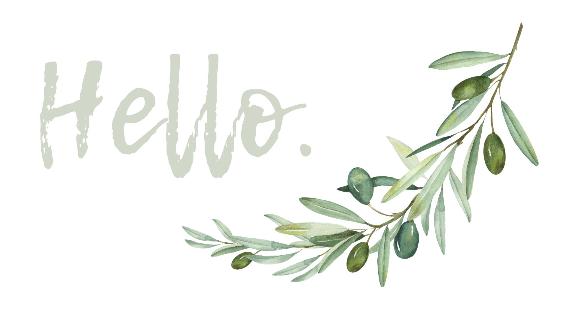 The image features the word 'Hello' written in a casual, handwritten style with a light, muted green color. To the right of the text, there is a watercolor illustration of an olive branch with green olives and elongated leaves.