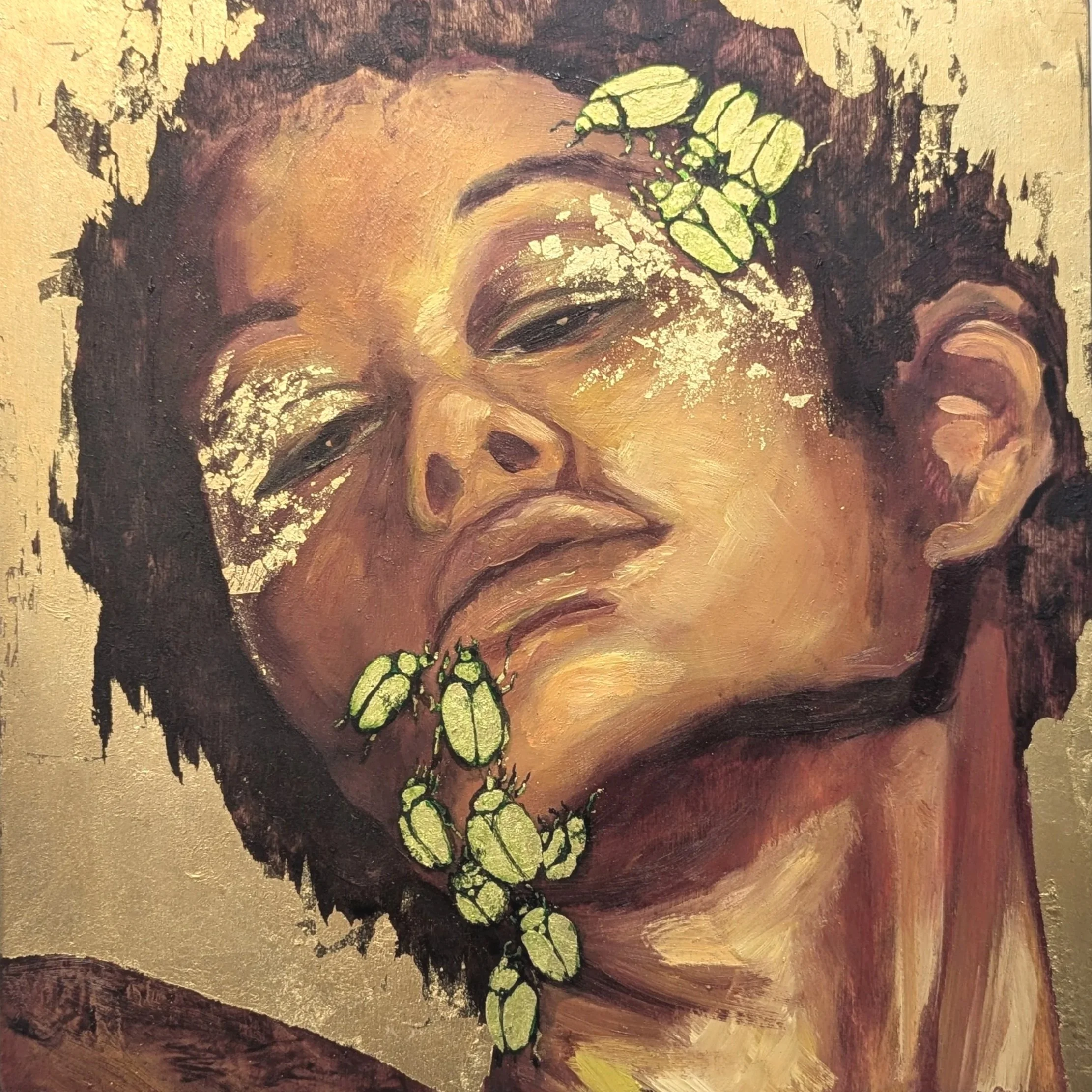  Cotinis nitida  
Oil on cradled wood with gold leaf