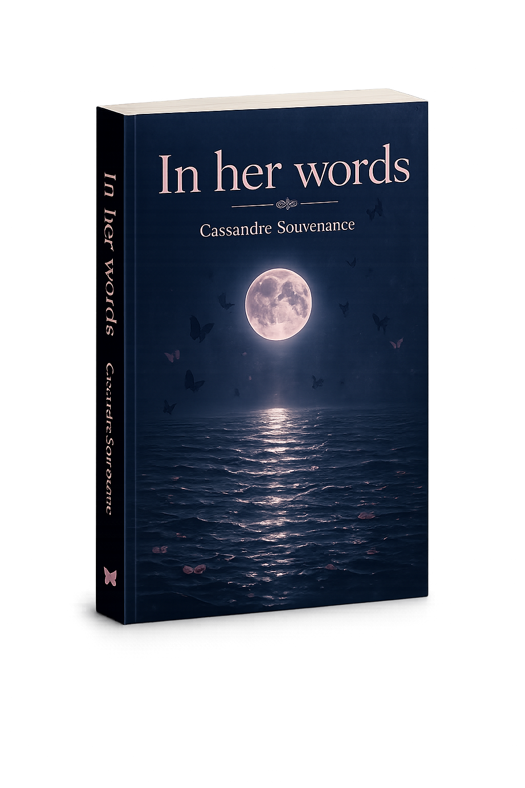 Book titled 'In her words' by Cassandre Souvenance, featuring a moonlit ocean with a reflection and butterflies in the night sky on the cover
