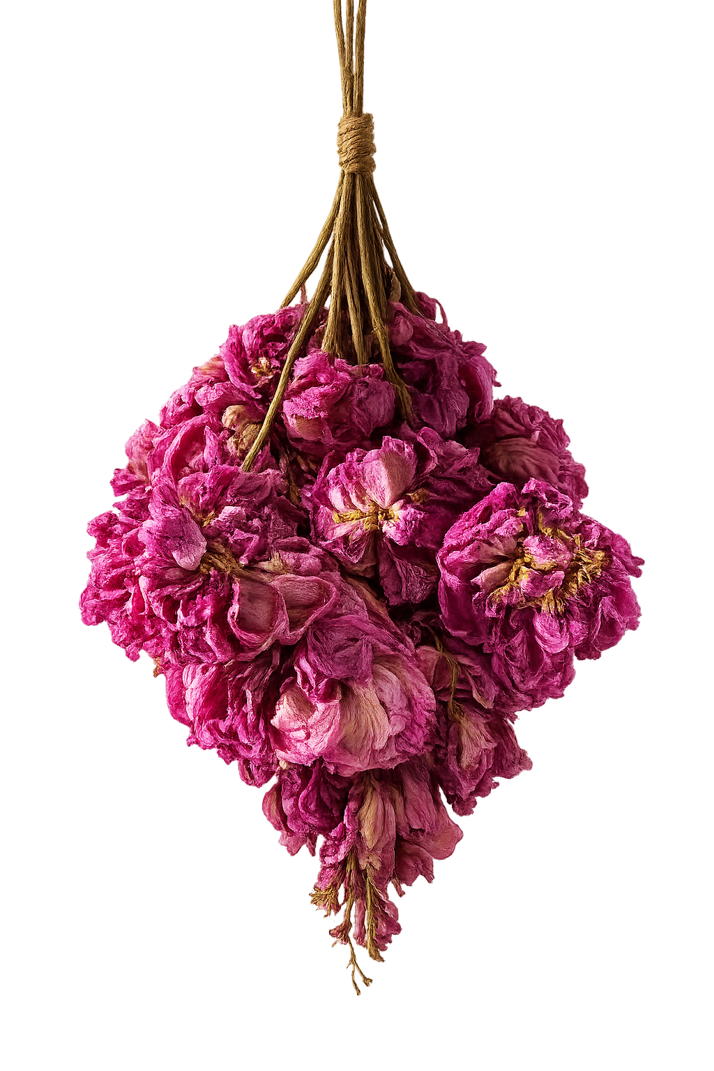 A bunch of dried pink flowers hanging from a string.