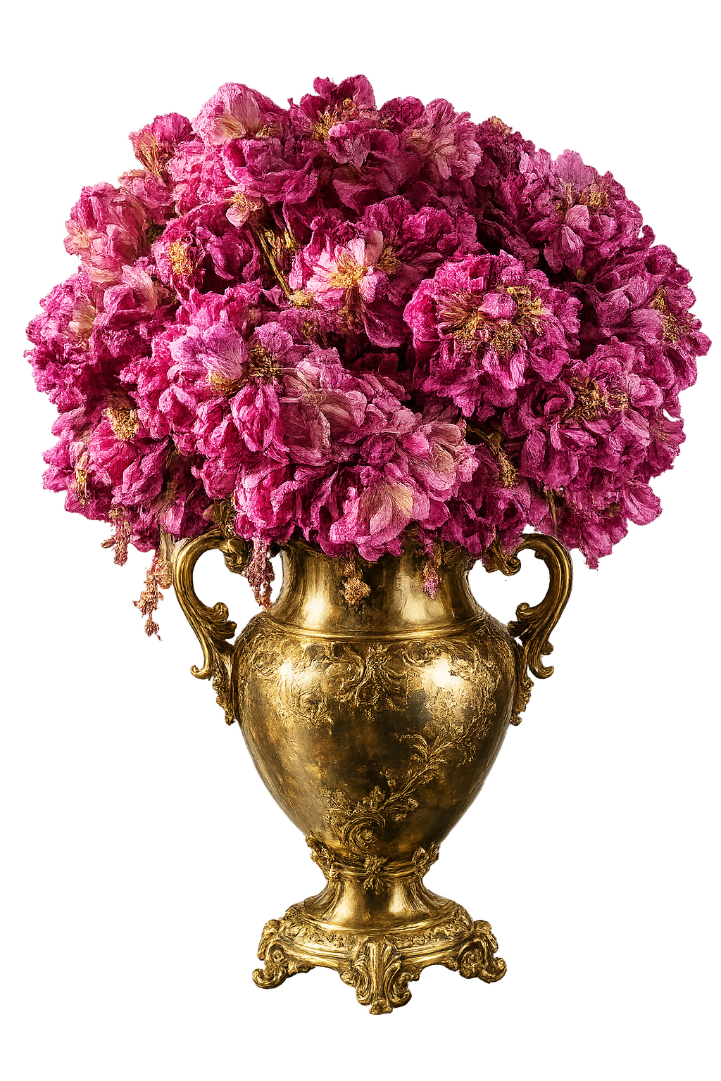 A bouquet of pink flowers in a gold ornate vase.