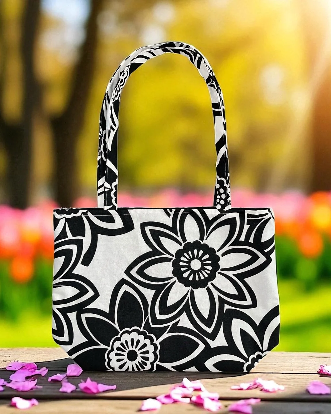 Black and White Floral Lined Tote