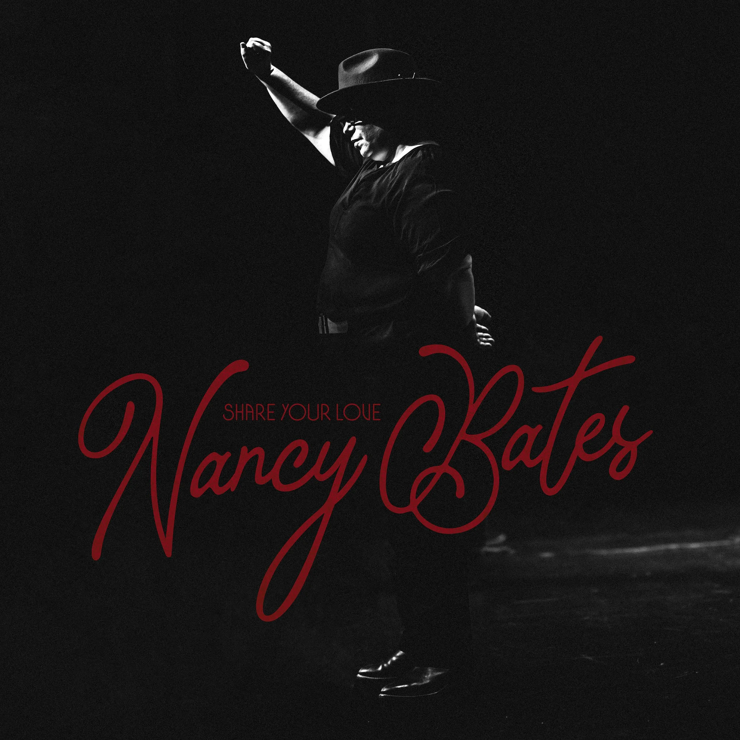 Black and white image of a person wearing a large wide-brimmed hat, glasses, and a dark shirt, dancing or performing with one arm raised. Text in red reads 'Share Your Love' and 'Valentine's'.