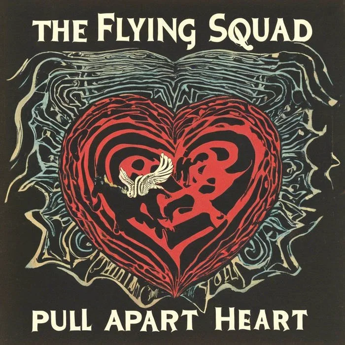 Album cover featuring a red heart with a maze-like pattern and a white dove inside it. The background is black with abstract lines. Text reads, "The Flying Squad" at the top and "Pull Apart Heart" at the bottom.