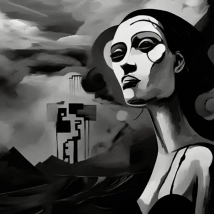 Black and white mural of a woman's face with distant industrial landscape and mountains in the background