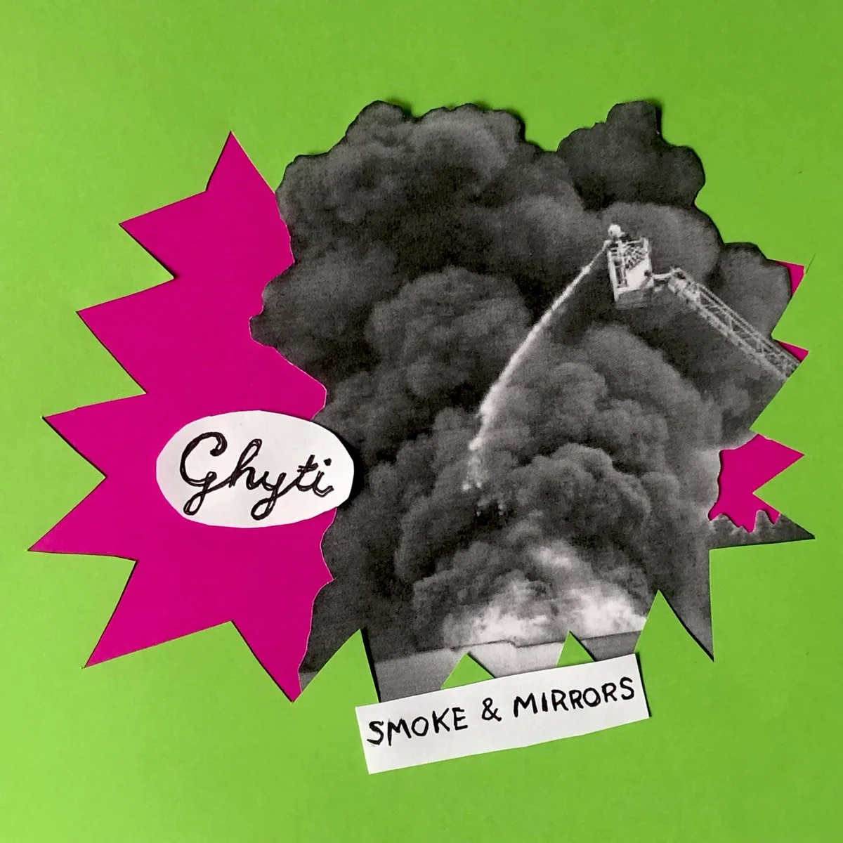 A collage-style cover featuring a black and white photo of a building emitting a large plume of smoke, with the words "Ghyti" and "Smoke & Mirrors" on it, set against a bright green background with pink starburst shapes.