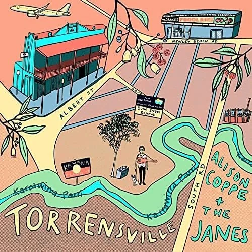 Illustration of Torrensville, South Australia, featuring landmarks like Albert Street, Henley Beach Road, and the Torrens River. Includes a dog, a person with a dog, a tree, a sign for Kaurna, and a building named Drake's Foodland. An airplane is flying overhead, and the sky has a pinkish hue.