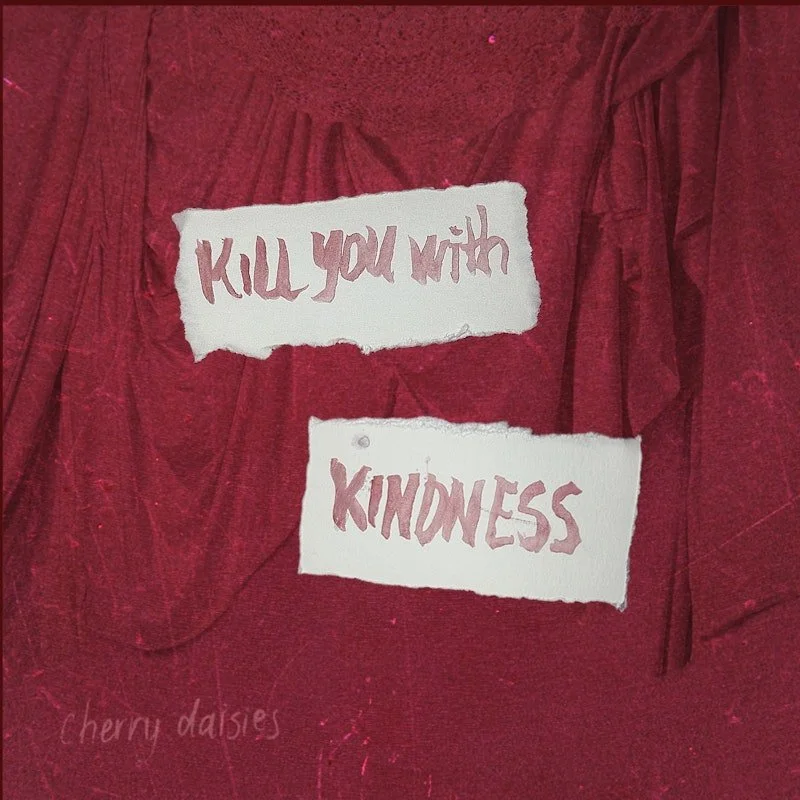 Red fabric background with torn paper signs that say 'Kill you with kindness' in pink handwriting. Small text in the lower left corner reads 'cherry daisies'.