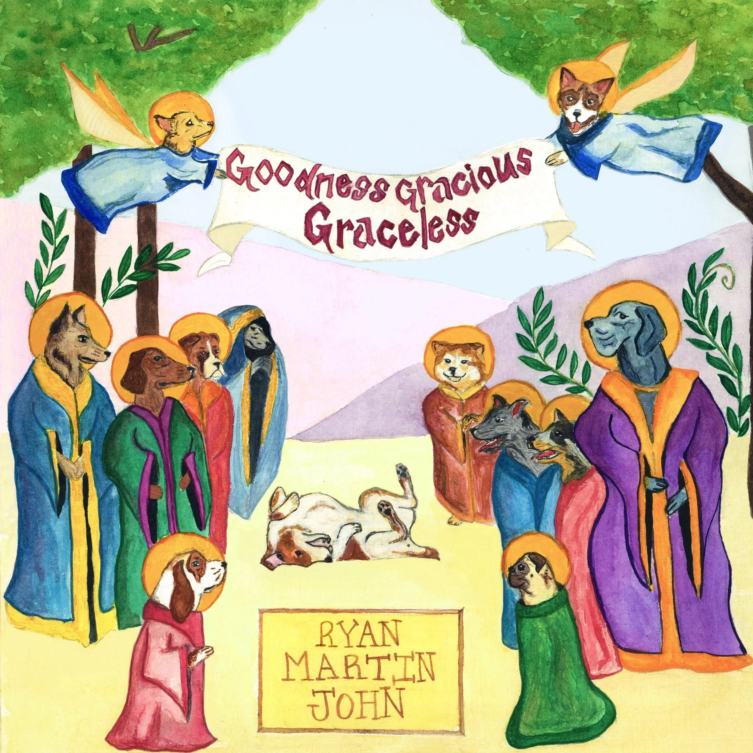 Children dressed as animals, with one child dressed as a dog, holding a banner stating 'Goodness Gracious, Graceless' and a sign with 'Ryan Martin The Tenth'. The scene is colorful and appears to be a church or school event, with green foliage and pumpkins in the background.