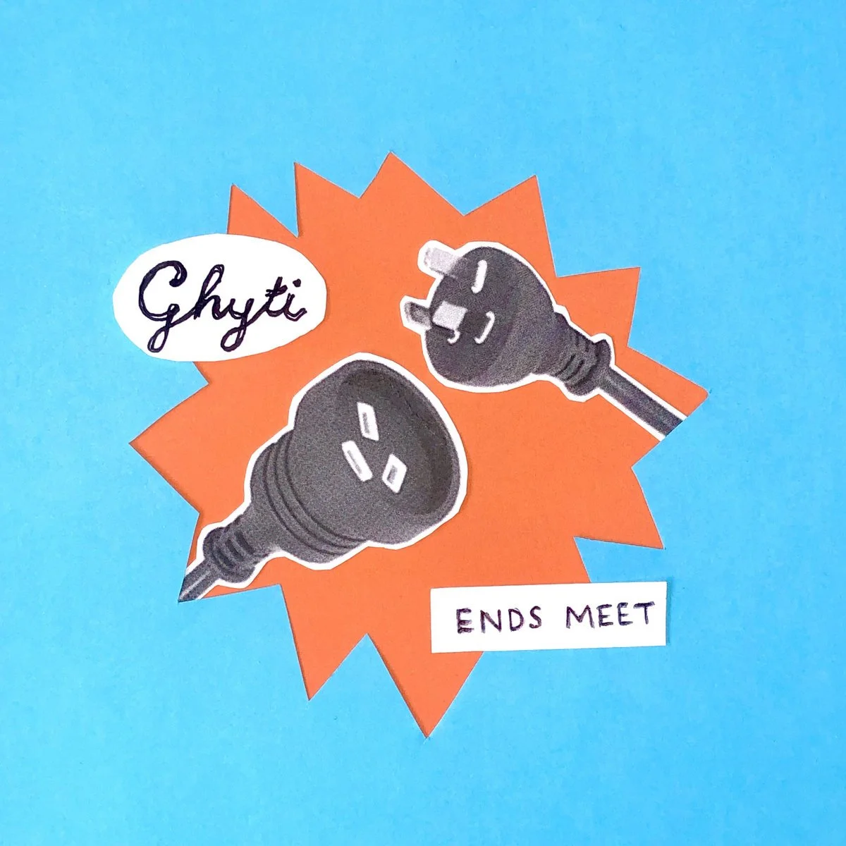 Sticker with a power plug and socket illustration, featuring a speech bubble with 'Ghyti' and the phrase 'ENDS MEET' on a blue background with an orange burst shape.