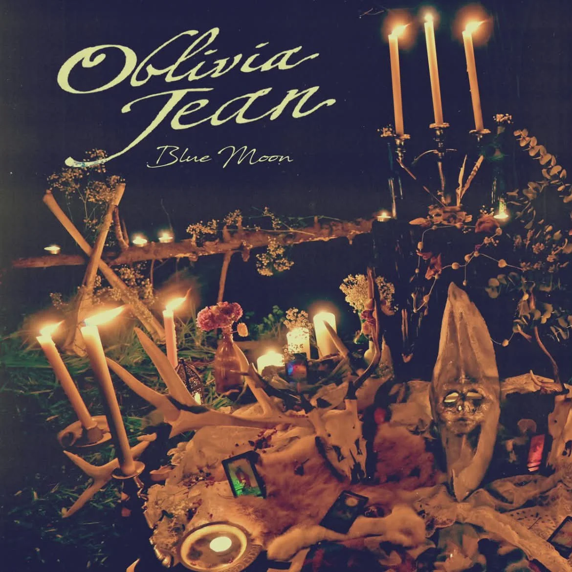 A memorial display for Olivia Tearn titled 'Blue Moon,' featuring candles, flowers, bones, a skull, photographs, and decorative items arranged on a dark background with handwritten text.