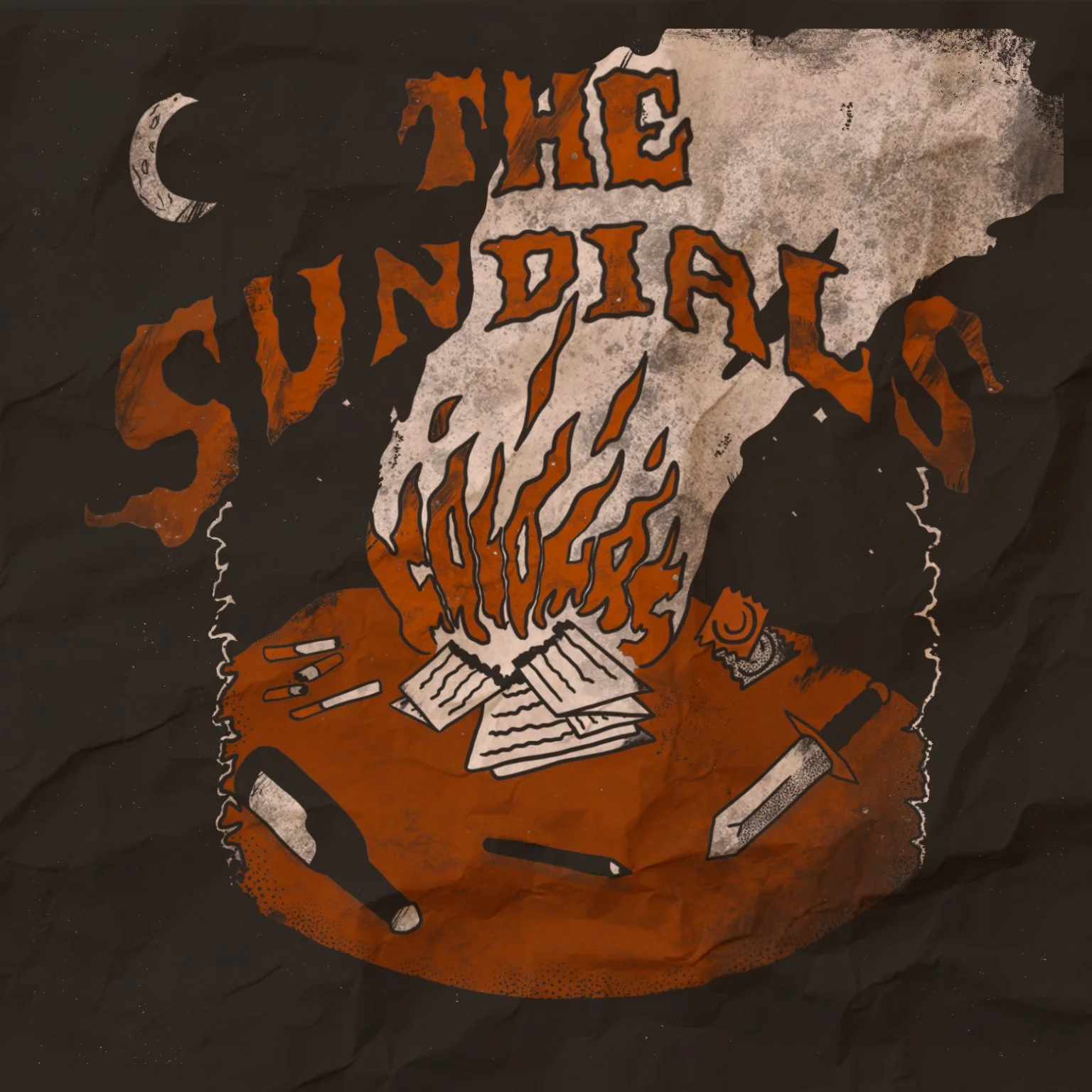 A crumpled black paper with a stylized graphic design featuring an orange and white color scheme. The design includes a crescent moon, scattered papers, and a banner with text, along with various objects like pens, a syringe, and a small notebook. The prominent text reads 'THE SINDI LORDS'.