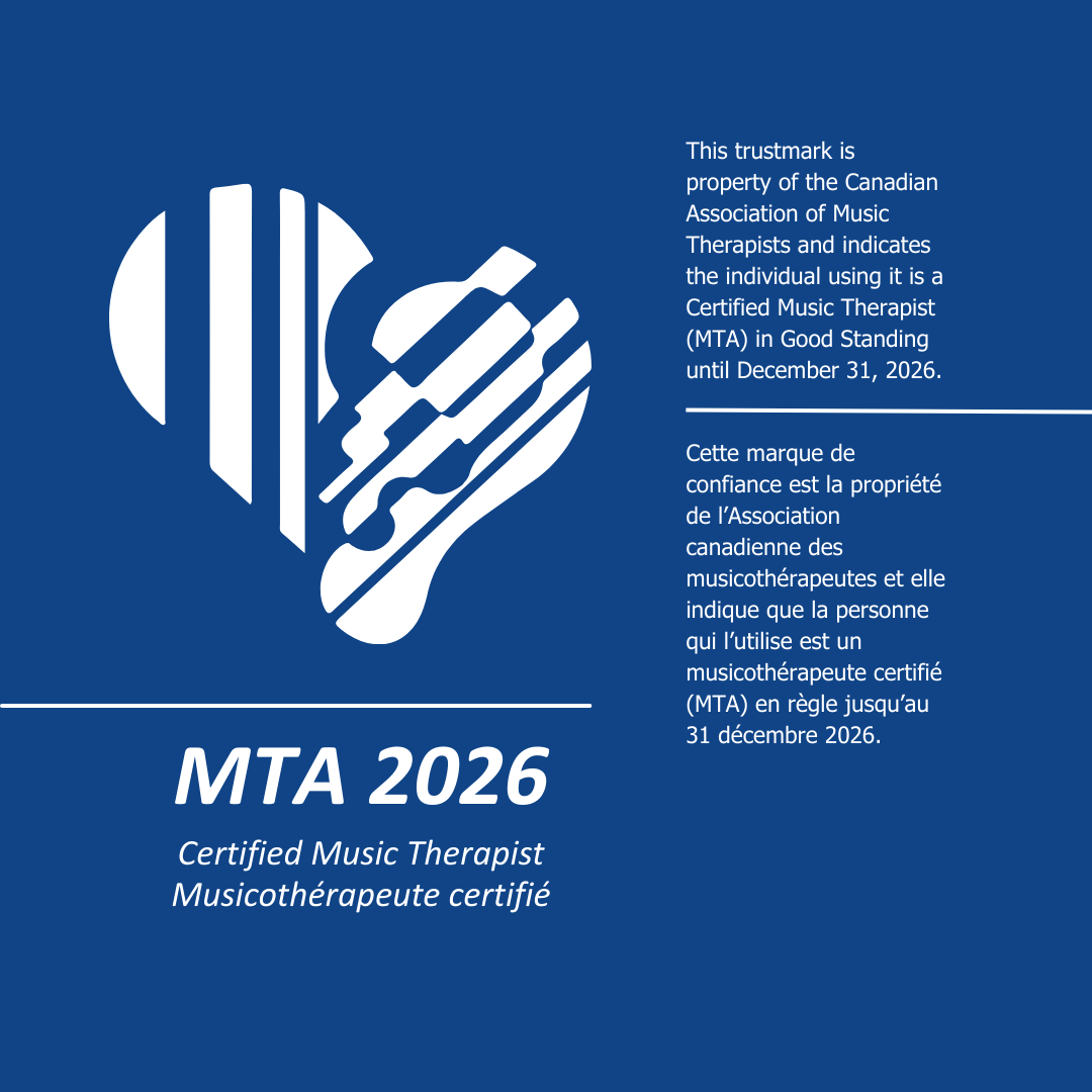 Certificate indicating the individual is a certified music therapist with MTA 2026, featuring a stylized heart-shaped logo with musical notes. The certificate includes text in English and French explaining the certification and expiration date.