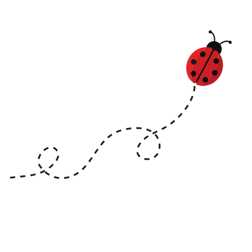 A cartoon ladybug with red wings and black spots on a black background, attached to a dotted flight path.