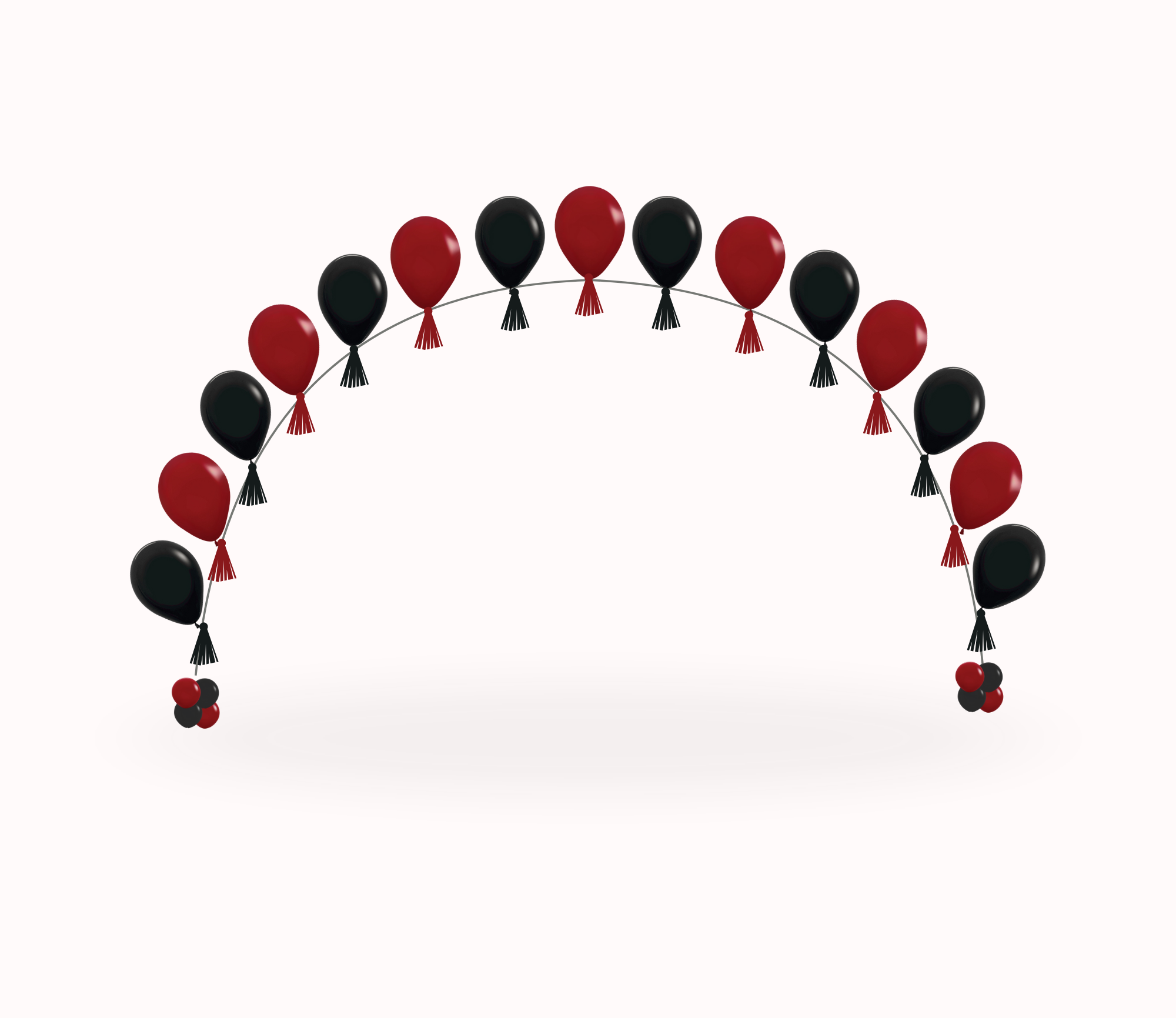 Helium balloon arch with black and red balloons, decorated with small black tassels, arranged in an arc against a white background.