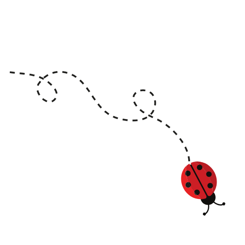 A cartoon illustration of a ladybug with a dotted line trail behind it