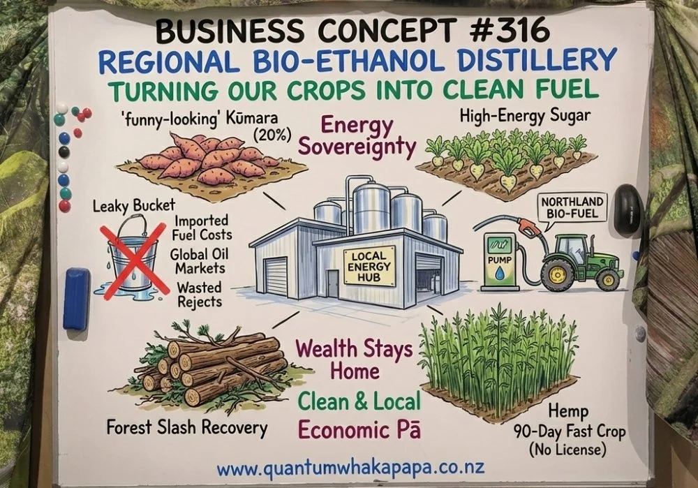 BUSINESS CONCEPT #316 (updated)-&nbsp; REGIONAL BIO-ETHANOL DISTILLERY: MULTI-FEEDSTOCK ENERGY SOVEREIGNTY FOR TE TAI TOKERAU