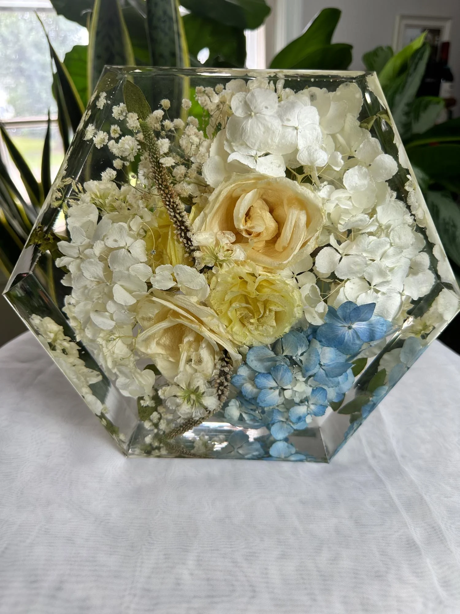 Hexagonal resin floral block preserving hydrangeas and roses, handcrafted by Beaux’s Botanical Preservation in the Outer Banks