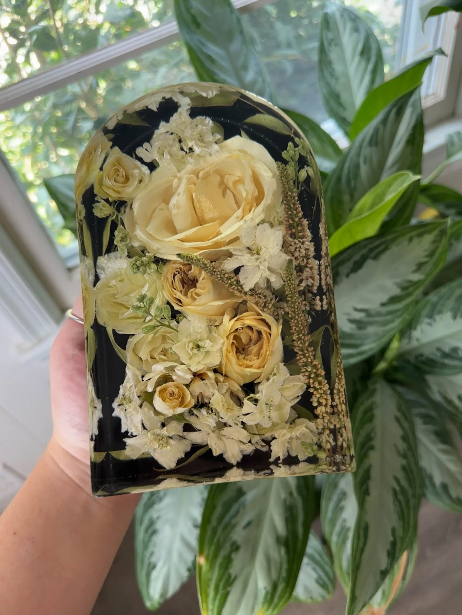 Arch resin floral block showcasing preserved wedding flowers, made by Beaux’s Botanical Preservation in the Outer Banks