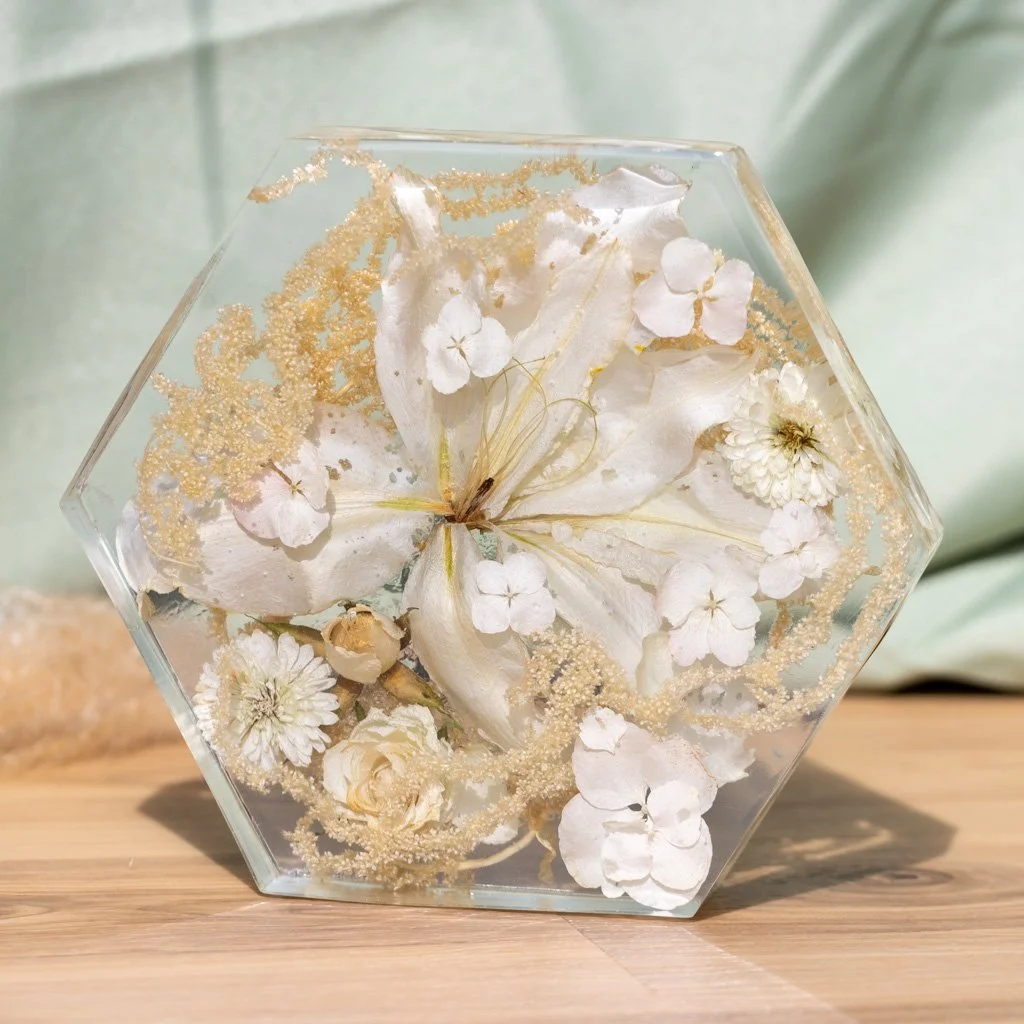 Square resin floral block and diamond ring display preserving wedding flowers, made by Beaux’s Botanical Preservation in Outer Banks NC