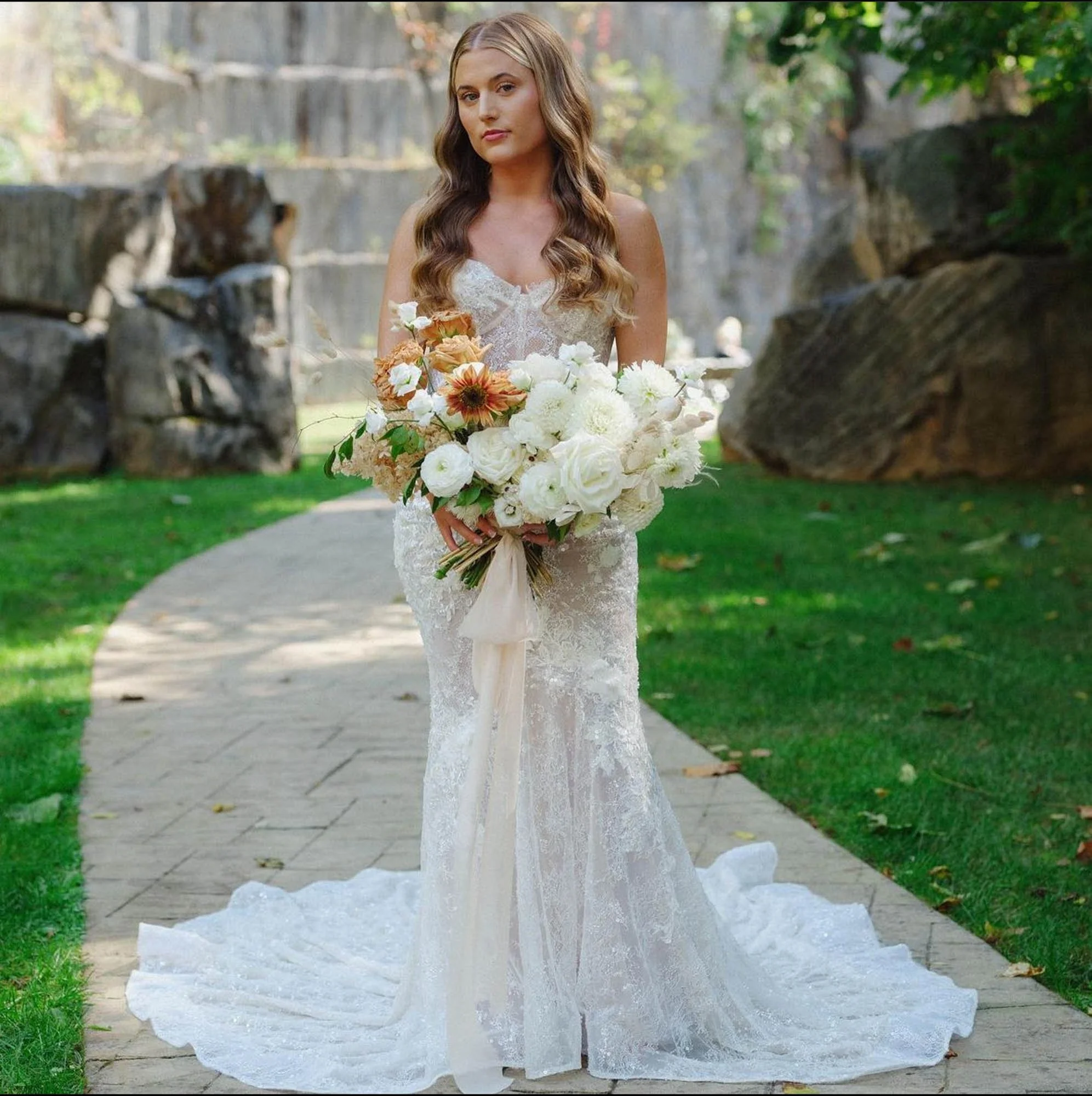 Bride holding a whimsical wedding bouquet before preservation by Beaux’s Botanical Preservation in Outer Banks NC