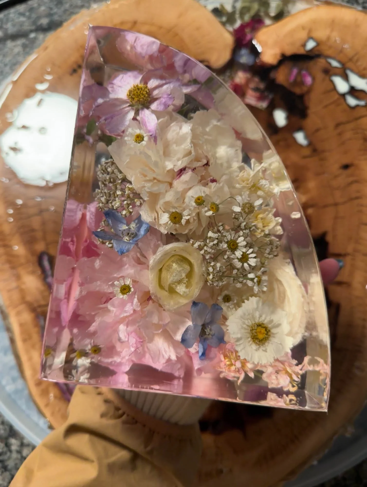 Resin bookend preserving colorful wedding bouquet, by Beaux’s Botanical Preservation