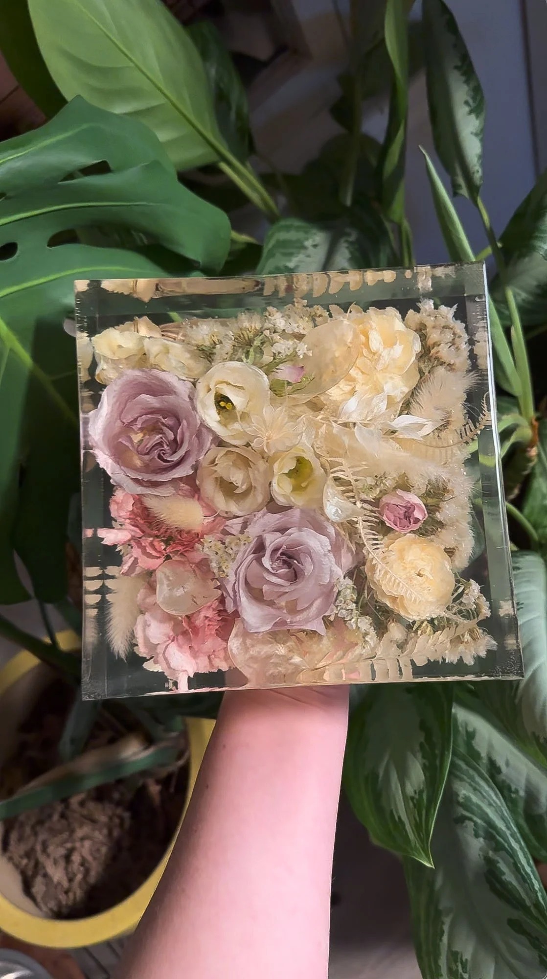 Square resin floral block preserving wedding bouquet, made by Beaux’s Botanical Designs Outer Banks NC