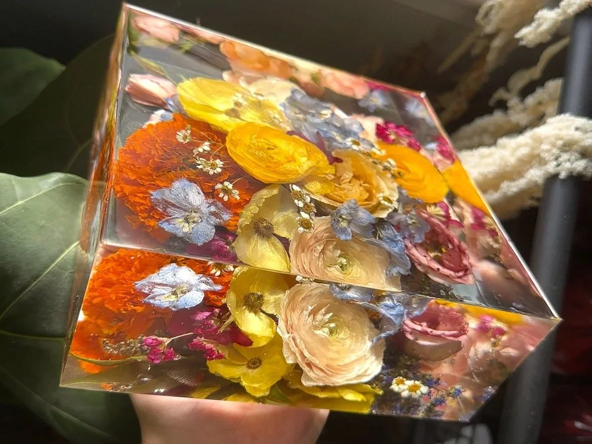 Square resin block preserving colorful wedding bouquet, by Beaux’s Botanical Designs on the Outer Banks
