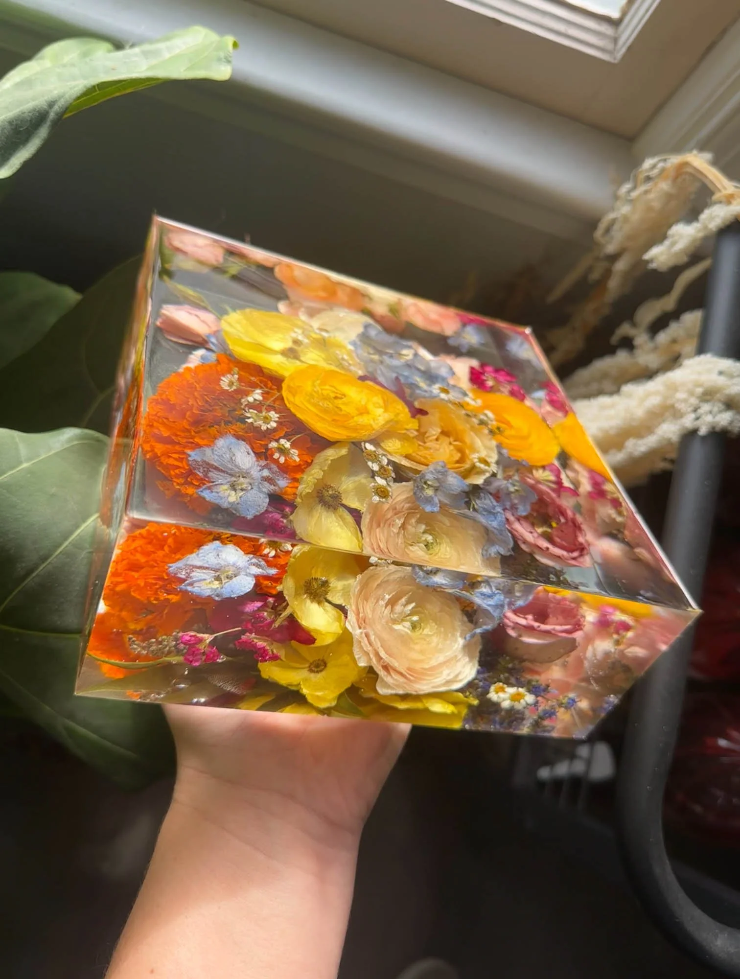Rectangle resin floral block preserving colorful bouquet, handcrafted by Beaux’s Botanical Designs 