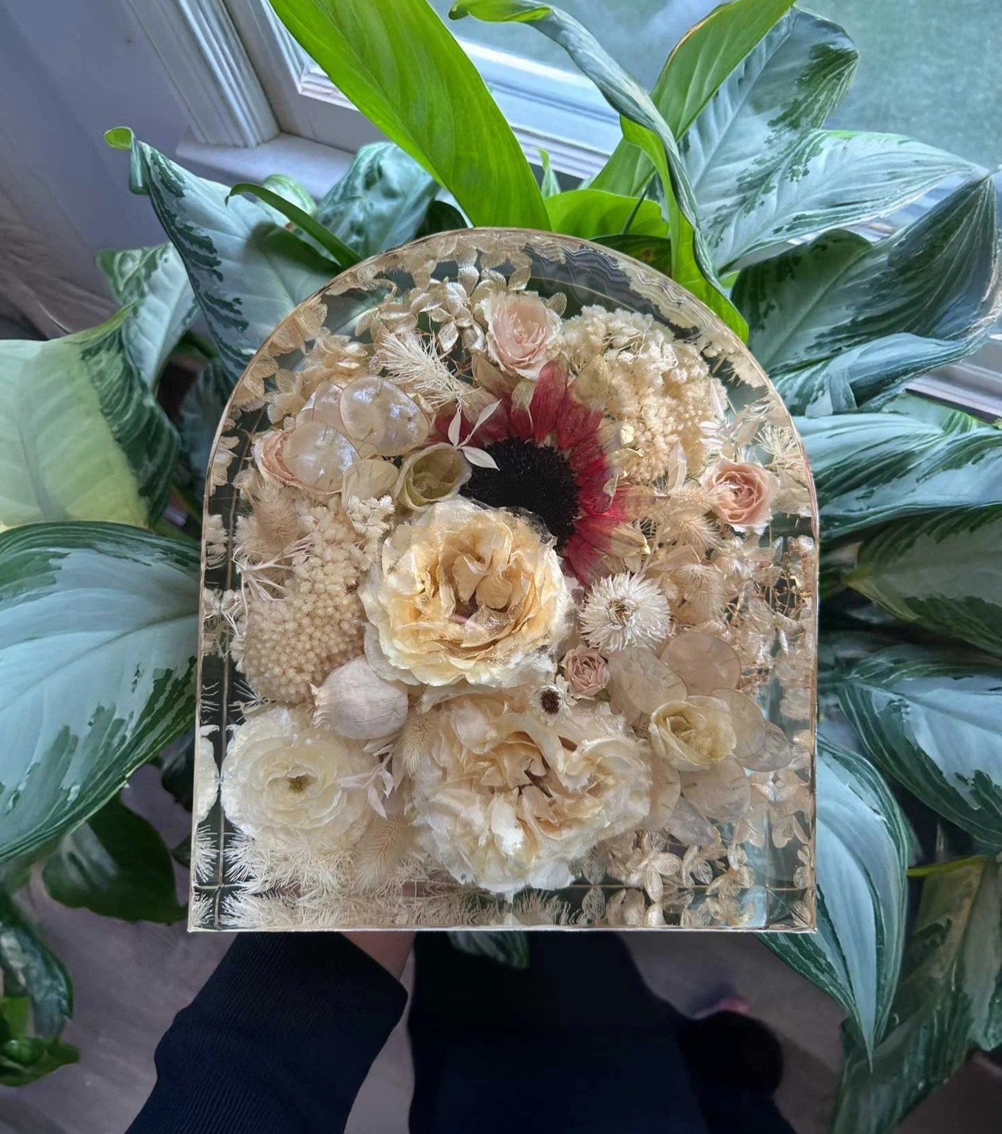 Arch resin floral block preserving white wedding bouquet, by Beaux’s Botanical Designs Outer Banks NC