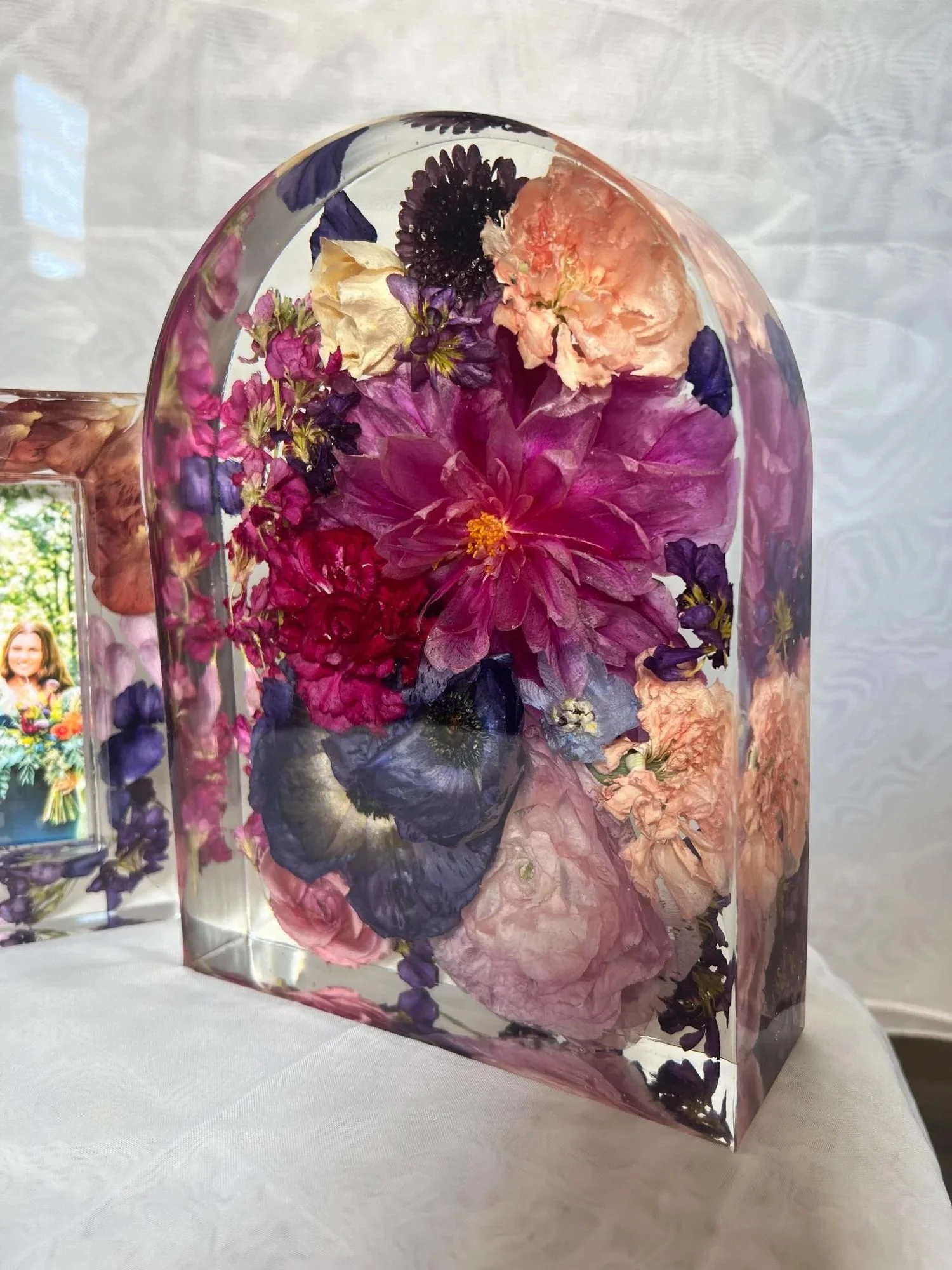 Resin arch block preserving magenta purple bouquet, Beaux’s Botanicals Outer Banks NC