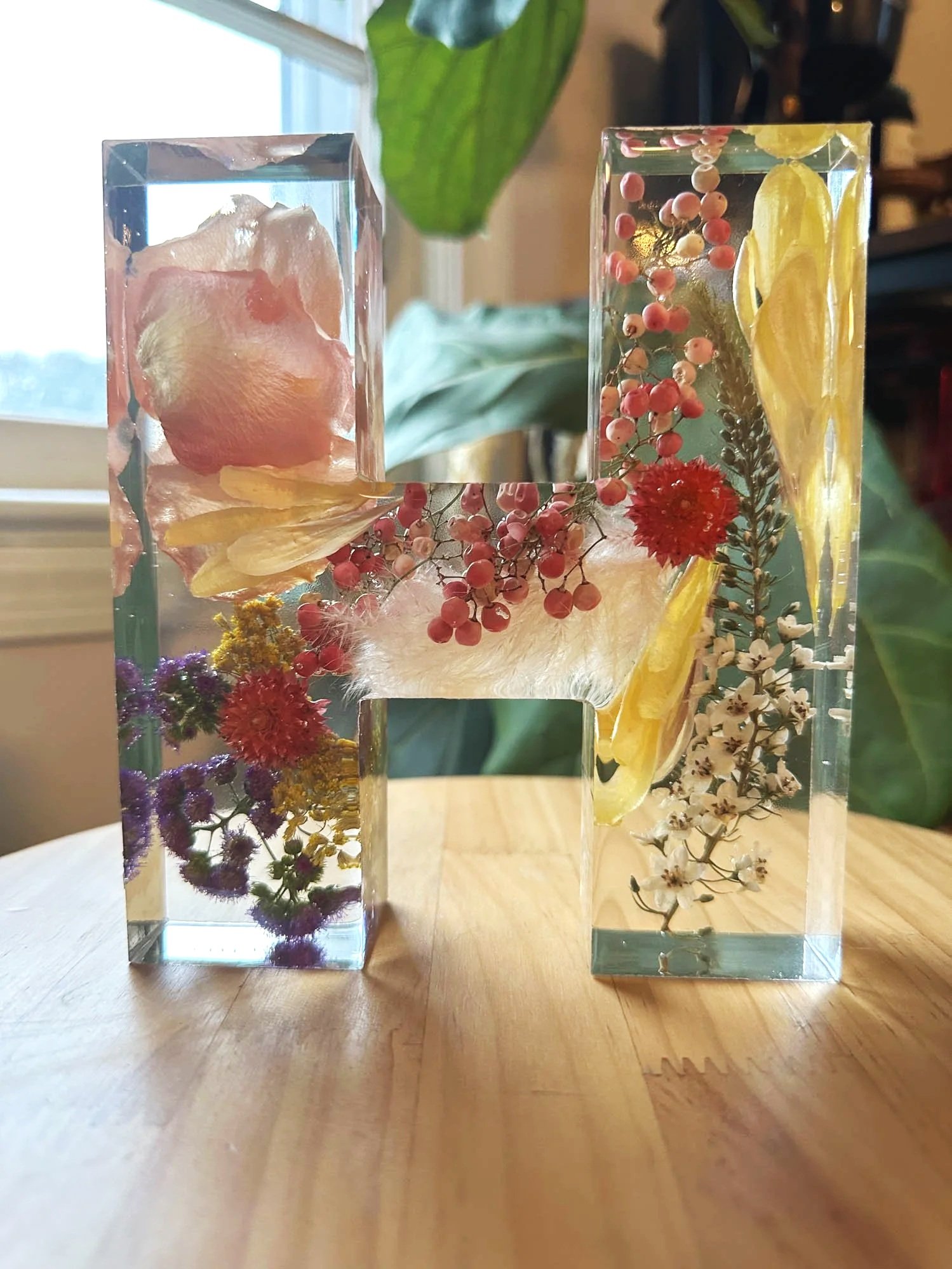 Custom resin initial H block preserving wedding flowers, lovingly made Beaux’s Botanical Preservation
