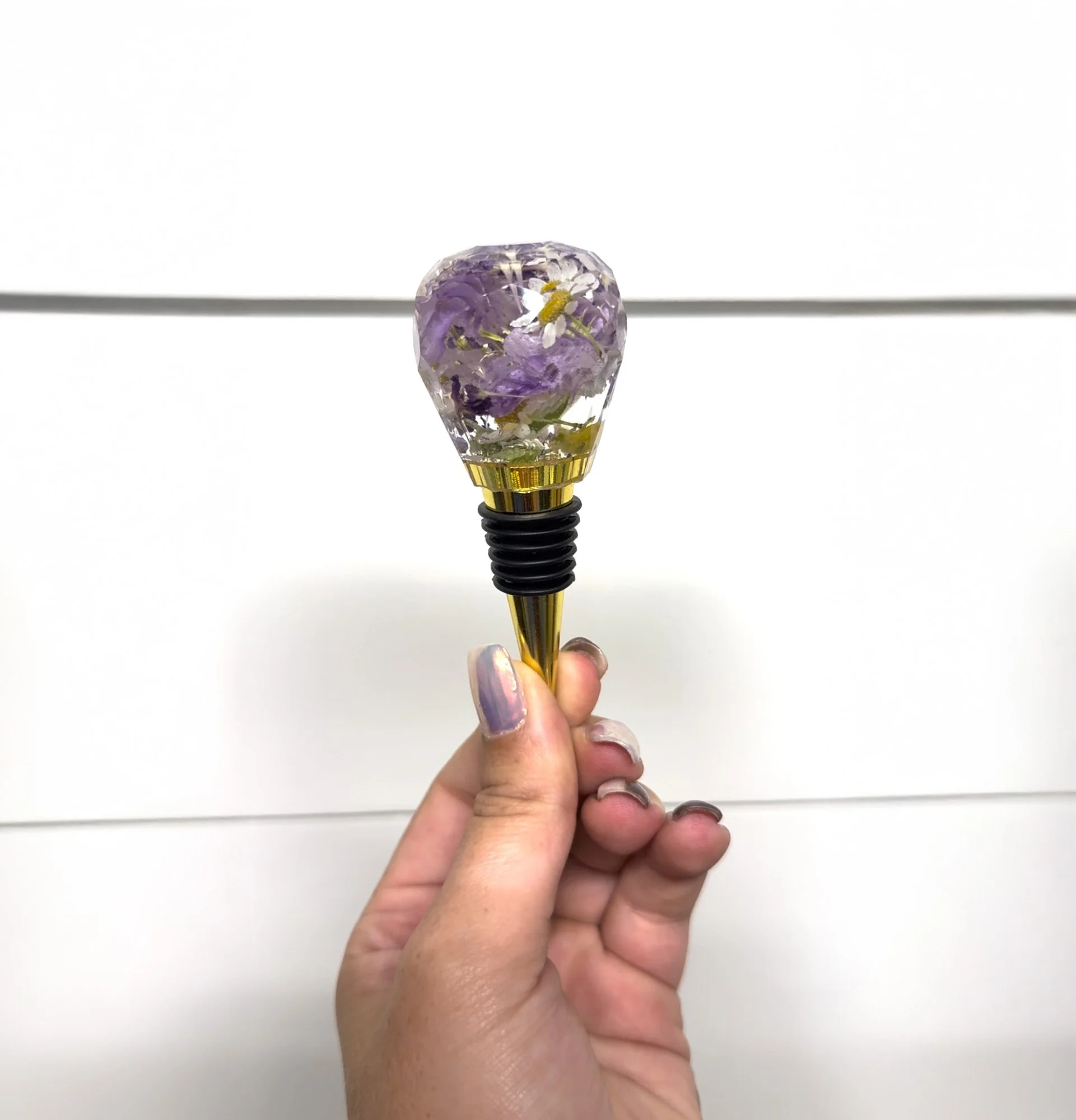 Resin wine bottle topper with preserved purple blooms, Beaux’s Botanical Preservation, Outer Banks NC