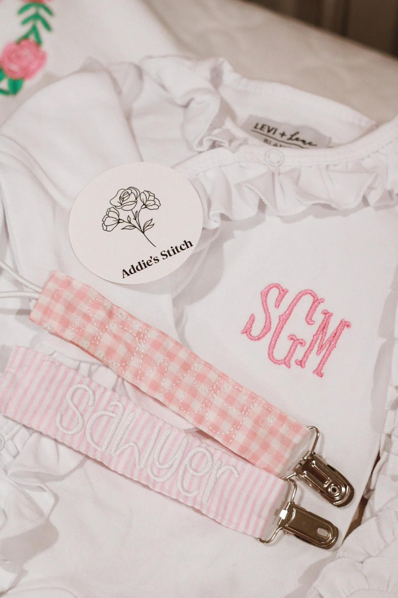Newborn paci clips and onesie