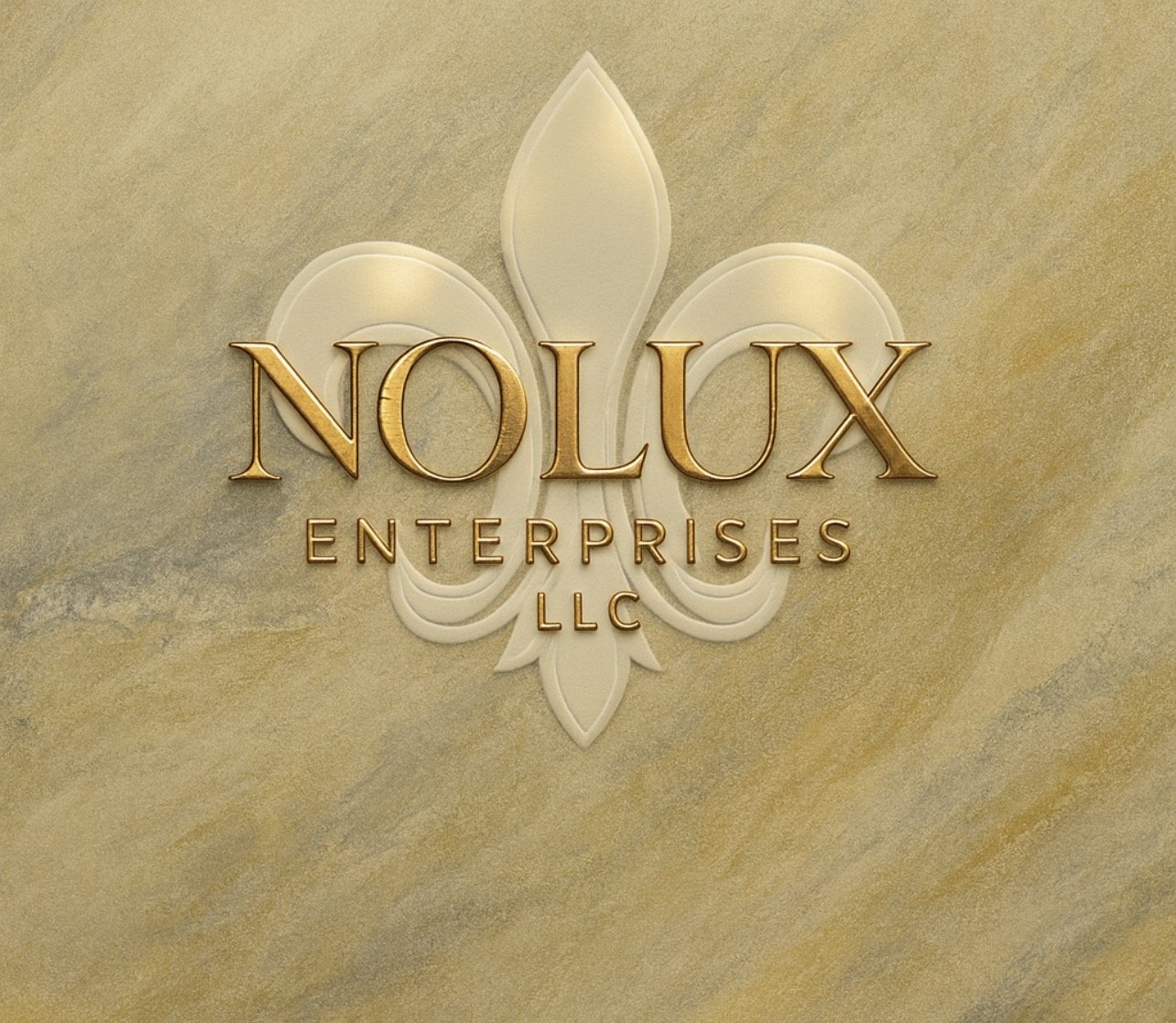 Gold-colored sign with the words "NOLUX ENTERPRISES LLC" in front of a beige textured wall, featuring a decorative fleur-de-lis symbol behind the text.