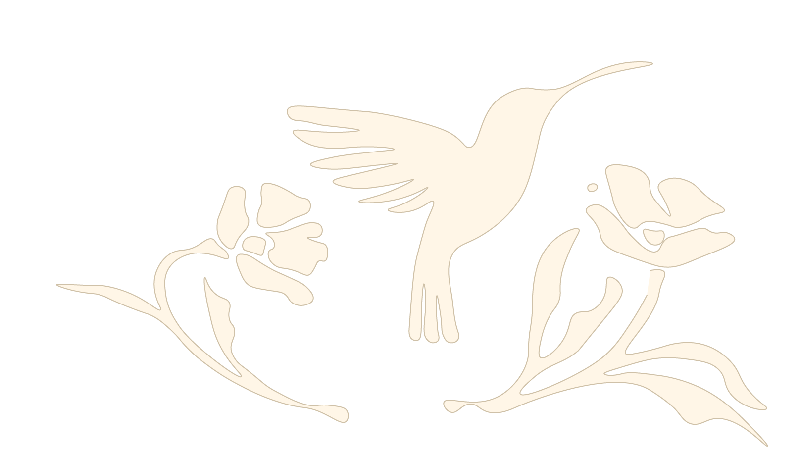 Silhouette of a hummingbird hovering near two flowers and leaves, in a stylized and minimalist design.