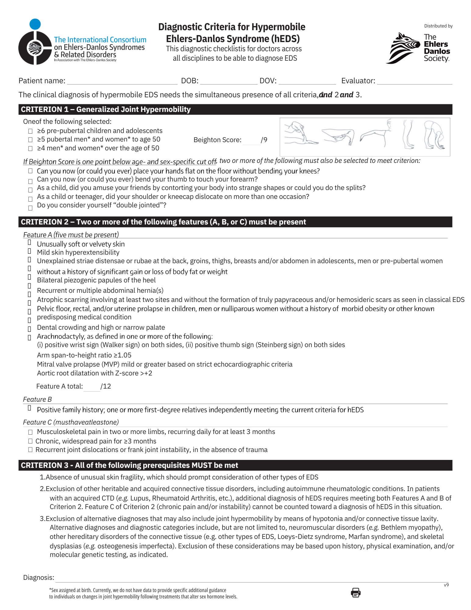 Medical form titled 'Diagnostic Criteria for Hypermobile Ehlers-Danlos Syndrome (hEDS)' with checkboxes and illustrations of joints and flexibility tests and Beighton score.