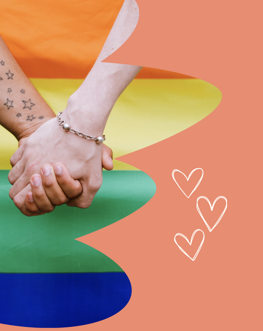 Two people holding hands against a rainbow background, with added pink and orange graphic elements and three white hand-drawn hearts.