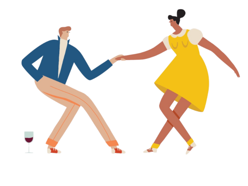 A man and woman dancing with a glass of red wine on the floor nearby, holding hands and dancing in a retro style.