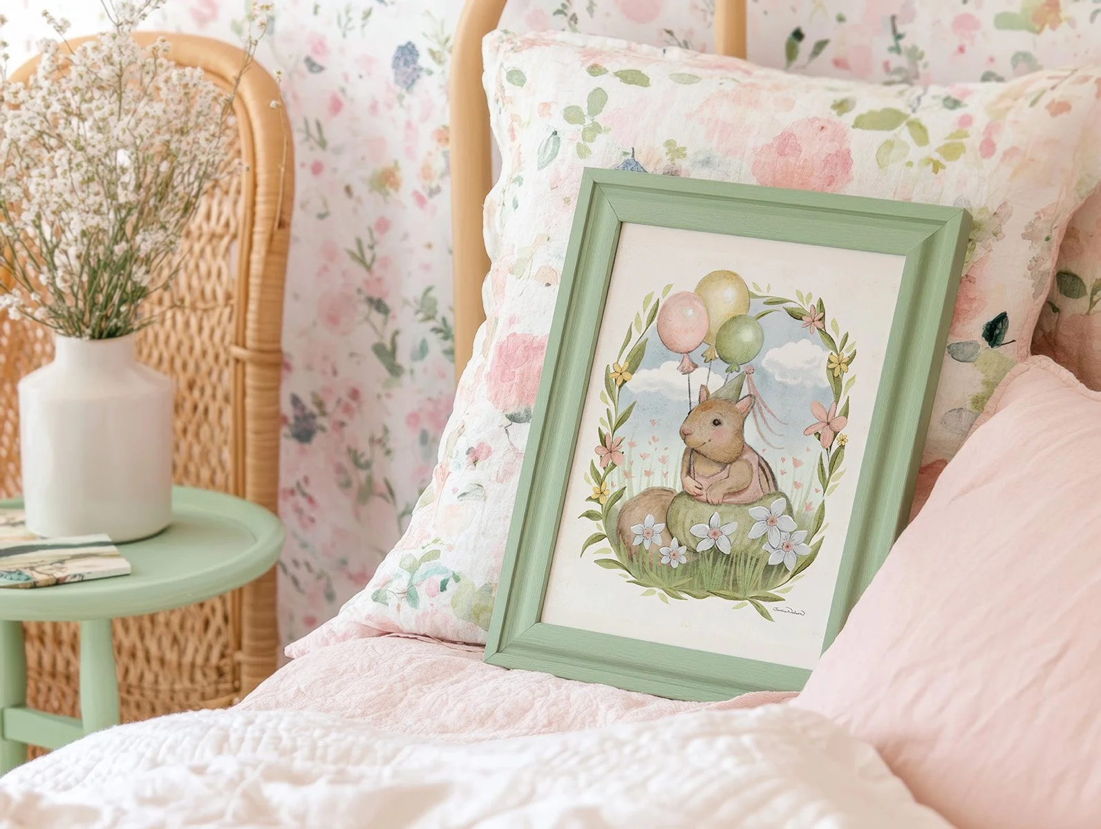 Pippin-with-balloons-print-for-nursery-green-frame-on-bed.jpg