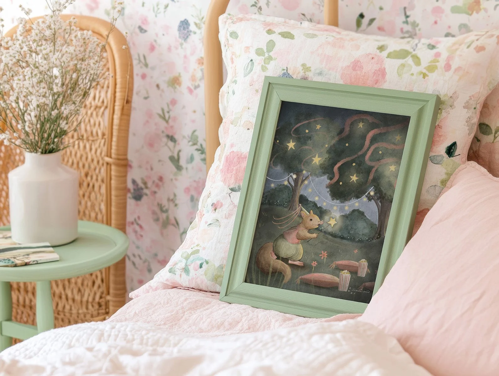 Pippin-makes-a-party-for-nursery-green-frame-on-bed.jpg