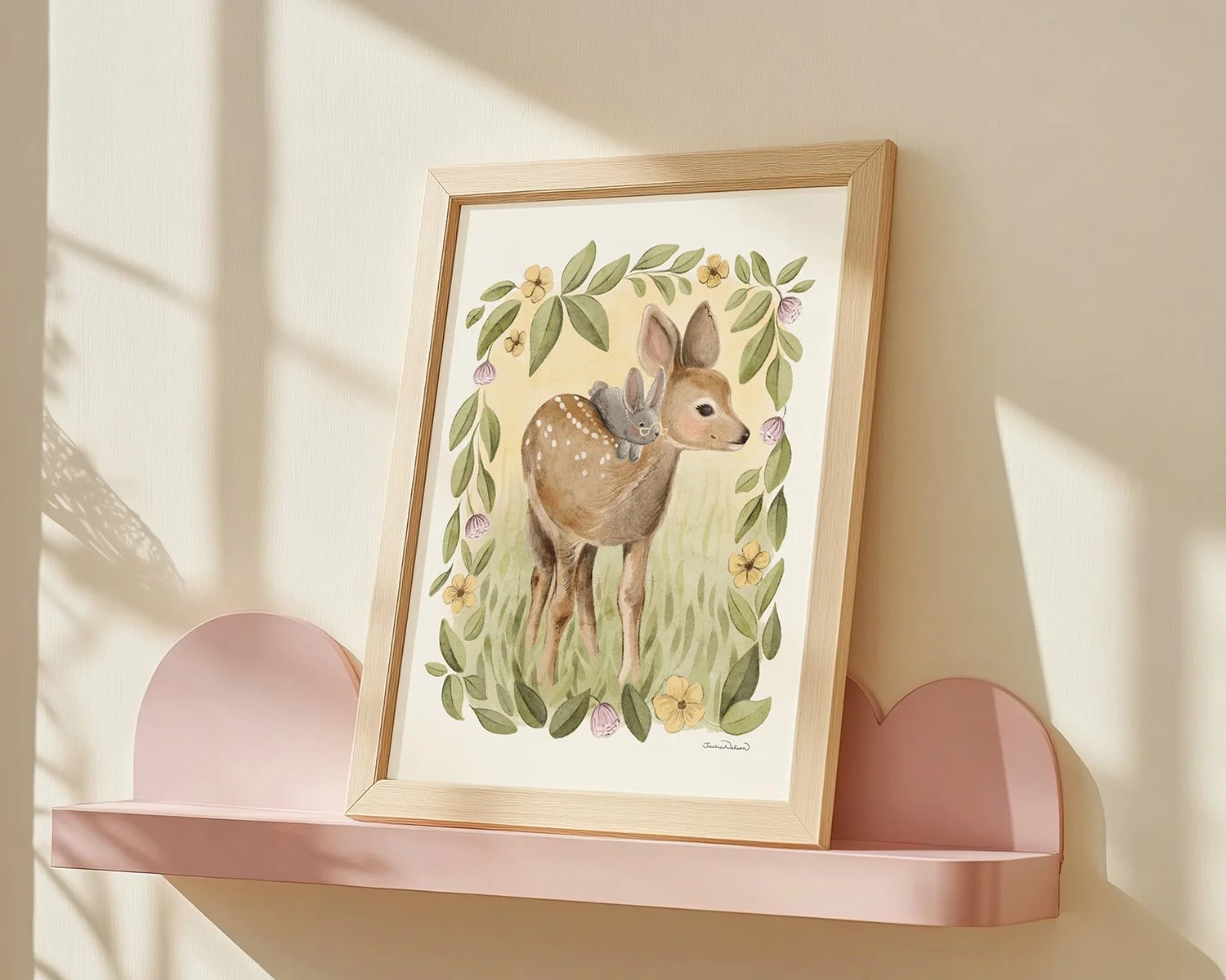 whimsical-fawn-rabbit-nursery-print-11x14-pink-shelf.jpg