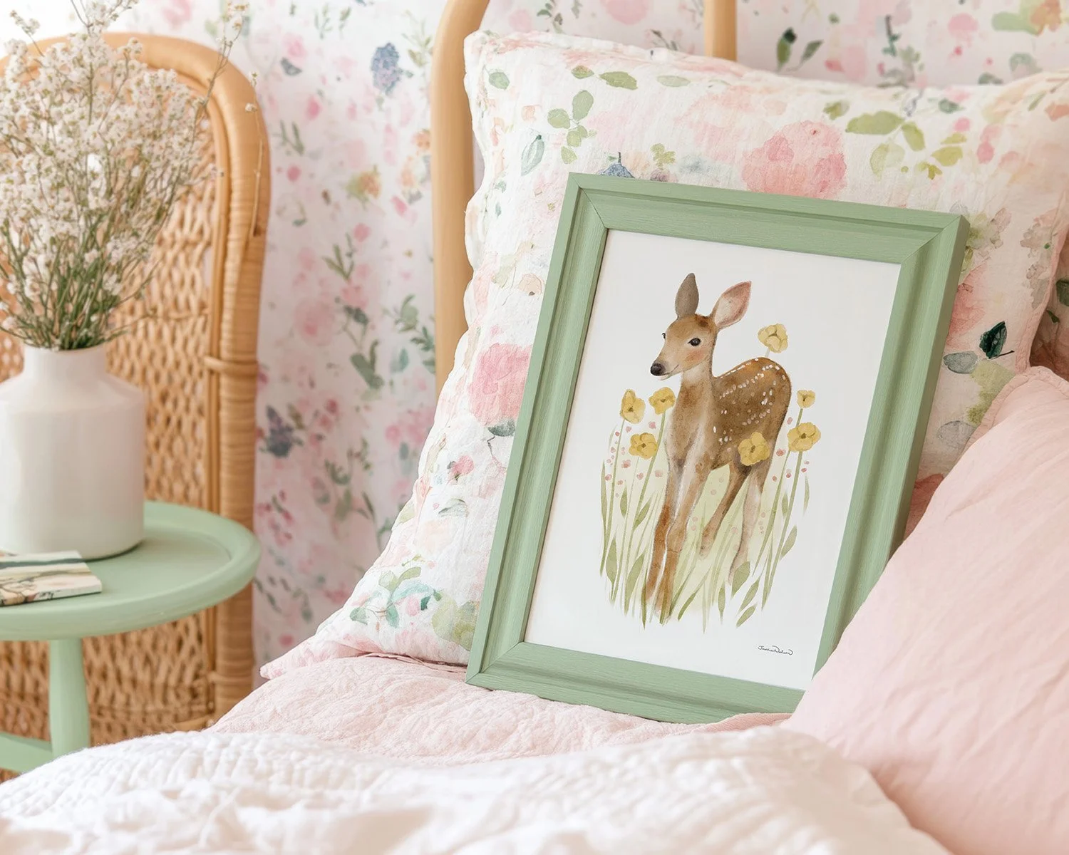 green-frame-on-bed-fawn-for-nursery.jpg