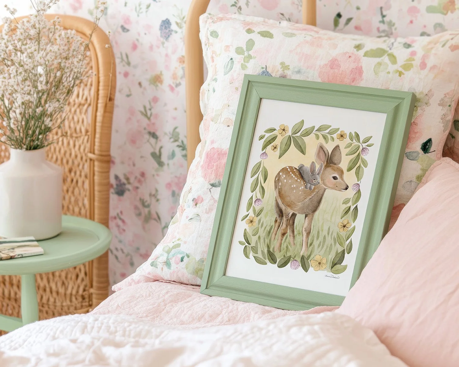 green-frame-on-bed-bunny-and-fawn-for-nursery.jpg