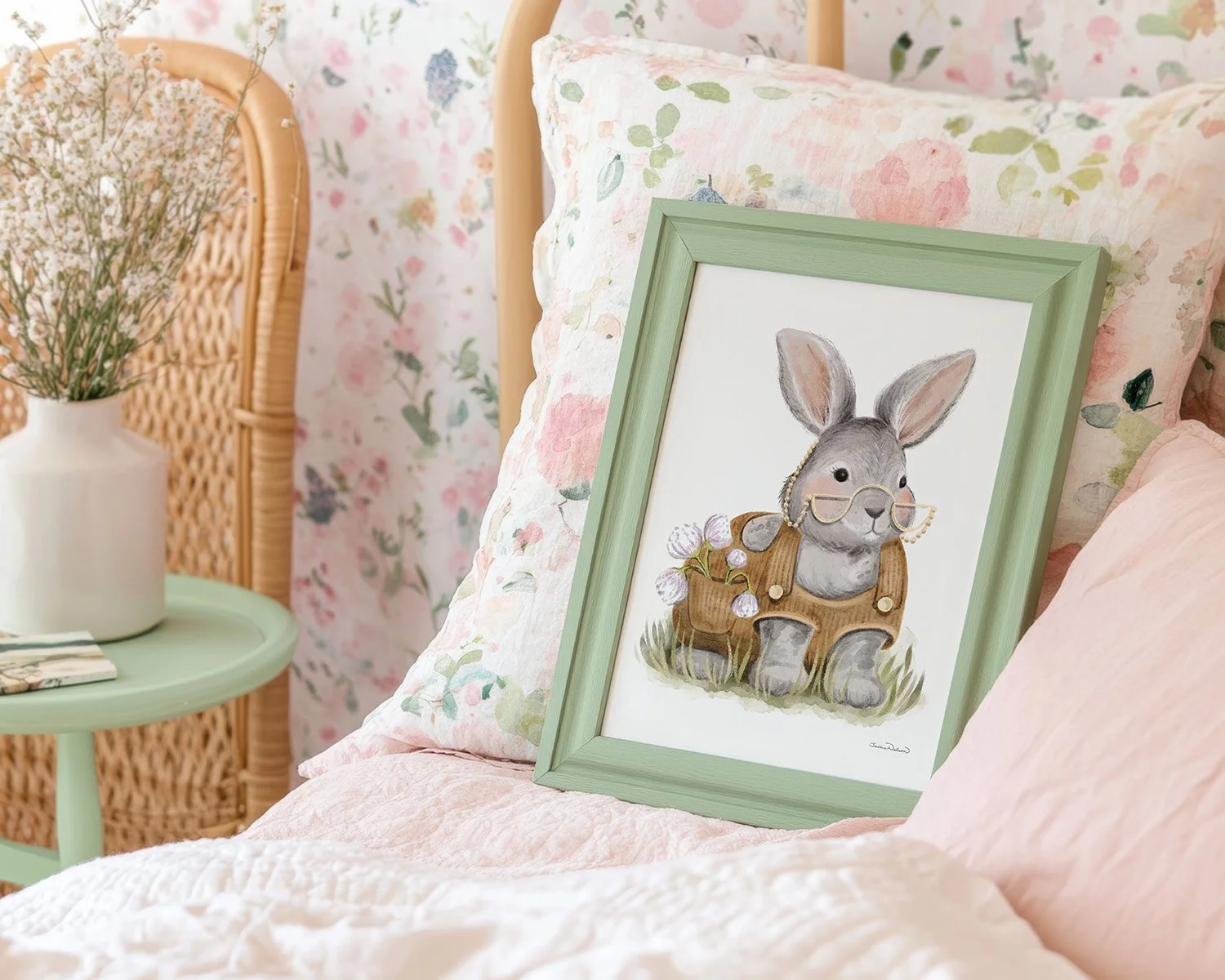 green-frame-on-bed-bunny-for-nursery.jpg