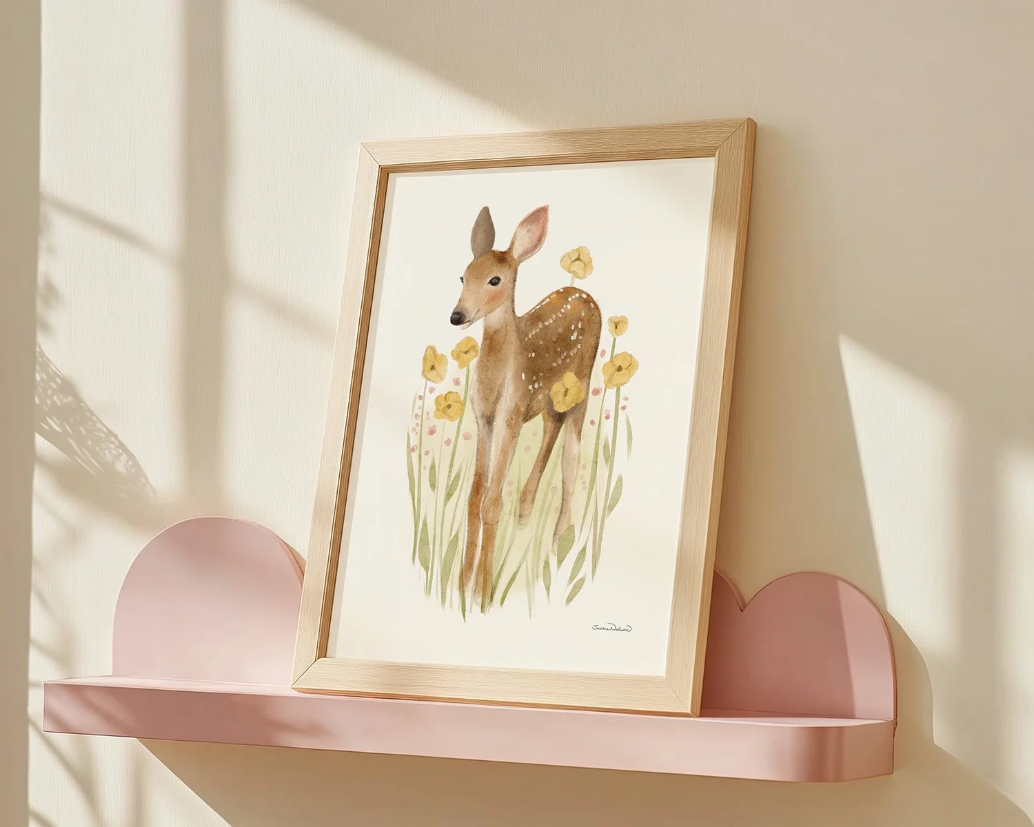 whimsical-fawn-yellow-flowers-nursery-print-11x14-pink-shelf.jpg