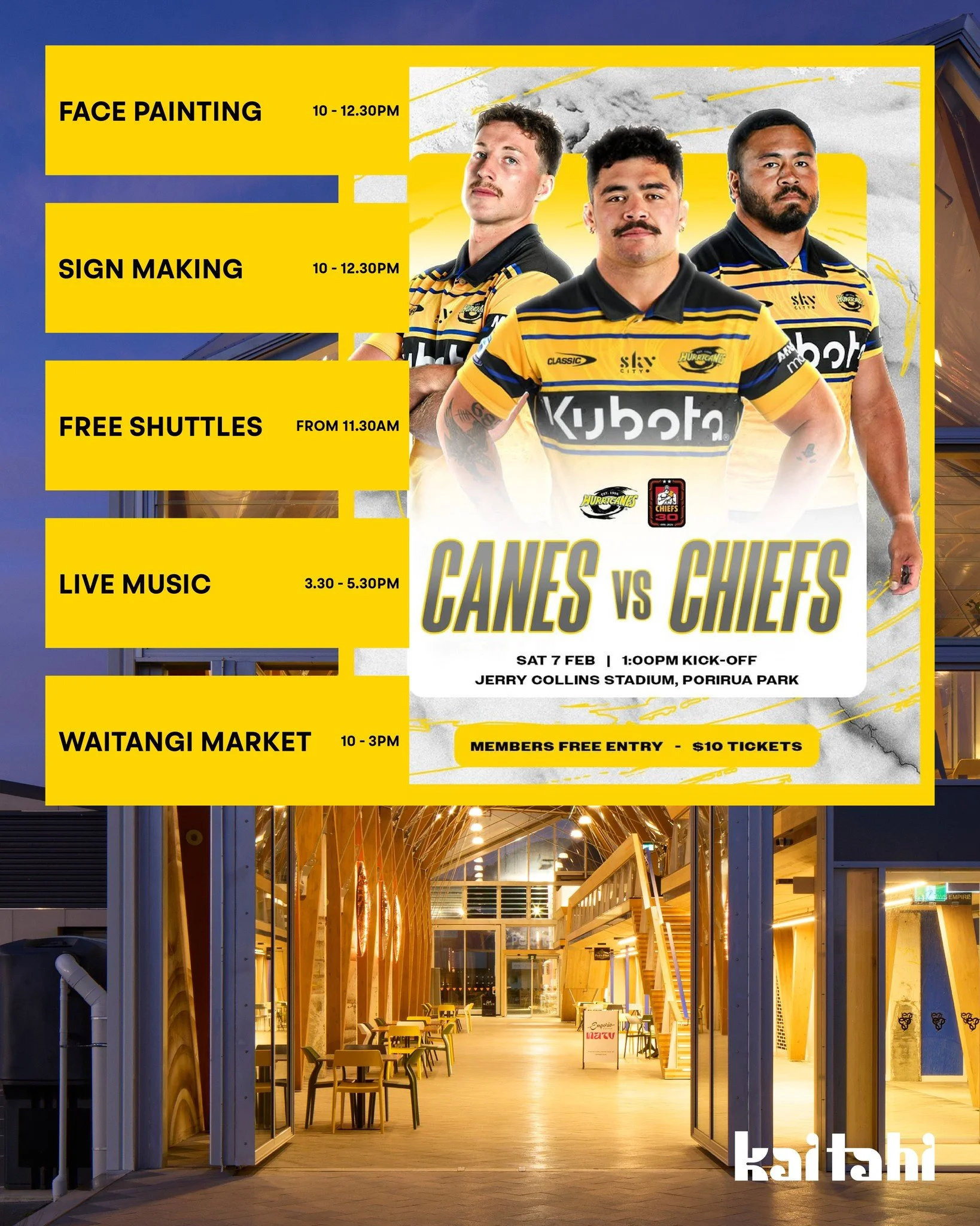 THE HURRICANES ARE COMING TO PORIRUA this Saturday 7 February for their final pre-season fixture against the Chiefs at Jerry Collins Stadium, Porirua Park.
The game kicks off at 1.00pm for an afternoon of thrilling summer rugby. Gates open at 11.45am